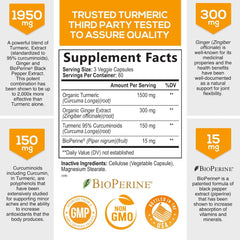 Turmeric Curcumin with BioPerine & Ginger 95% Curcuminoids 1950mg - Black Pepper Extract for Max Absorption, Joint Support Supplement, Herbal Turmeric Pills, Vegan Non-GMO - 240 Capsules
