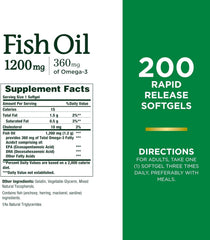 Fish Oil, Supports Heart Health, 1200 Mg, 360 Mg Omega-3, Rapid Release Softgels, 200 Ct