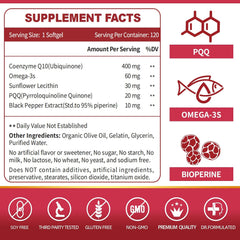 CoQ10-400mg-Softgels with PQQ, BioPerine & Omega-3, Coenzyme Q10(Ubiquinone) Supplement for High-Absorption, Powerful-Antioxidant, Support Heart & Energy-Production, 120 Servings