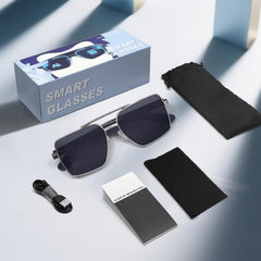 Pilot Smart Glasses,Bluetooth Sunglasses for Women/Men with Audio, Polarized Sunglasses,Dual Mic & Speakers, UV Protection, Music/Calling/Voice Assistant/Remote Photography,Silver Frame Gray Lens