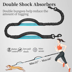 Hands Free Dog Running Leash with Zipper Pouch, Dual Handle, Elastic Bungees Retractable Rope for Medium and Large Dogs, Waist Bag Pack Carry All Phones Money for Walking Hiking Biking