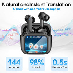 AI Language Translation Earbuds, LCD Touch Screen OWS Real-Time Translator for 144 Languages & Accents Headphones Translator Ideal for Travel Business Learning Translation Device Earphones
