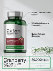 Cranberry Concentrate Extract Pills + Vitamin C | 30,000mg | 120 Capsules | Triple Strength Ultimate Potency Formula | Non-GMO and Gluten Free Supplement