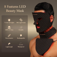 Led Red Light Therapy Face & Neck Mask, 7 Colors Led Light Therapy Facial Mask, Infrared Red Light Therapy Mask, Infrared Light Skin Rejuvenation(Black)