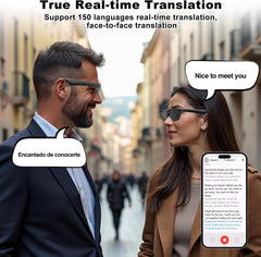 Smart Glasses with AI Translator, Bluetooth Glasses with 150 Translation, Lightweight Sunglasses for Men & Woman, UV Protection, 120H Long Standby, IPX5 Waterproof (Black)