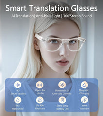 AI Smart Glasses, Multifunctional Bluetooth Glasses for Men & Women, 116 Languages & Accents Translator Glasses, Blue Light Filter & Polarized UV Protection Lenses Translation Glasses, White