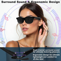 Smart Glasses with AI Translator, Bluetooth Glasses with 150 Translation, Lightweight Sunglasses for Men & Woman, UV Protection, 120H Long Standby, IPX5 Waterproof (Black)