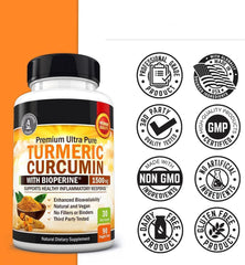 Turmeric Curcumin with Black Pepper Extract 1500mg - High Absorption Ultra Potent Turmeric Supplement with 95% Curcuminoids and BioPerine - Non GMO Turmeric Capsules for Joint Support - 90 Capsules