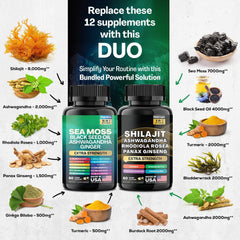 Dynamic Vitality Bundle, Sea Moss and Shilajit Bundle, Sea Moss 7000mg, Black Seed Oil 4000mg, Ashwagandha 2000mg, Ginger & Shilajit 9000mg, Rhodiola Rosea 1000mg, Panax Ginseng (60 Count)