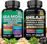 Dynamic Vitality Bundle, Sea Moss and Shilajit Bundle, Sea Moss 7000mg, Black Seed Oil 4000mg, Ashwagandha 2000mg, Ginger & Shilajit 9000mg, Rhodiola Rosea 1000mg, Panax Ginseng (60 Count)