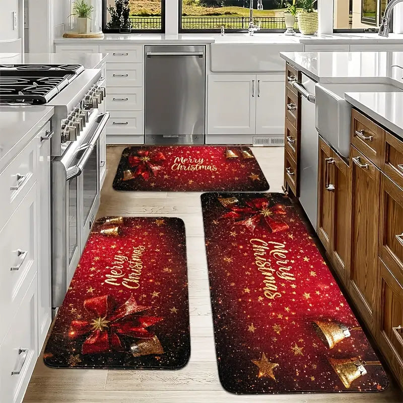 Christmas Kitchen Rugs Sets of 3 Washable Absorbent Kitchen Mats for Floor 2 Piece Kitchen Runner Rug Set Non-Slip Winter Holiday Kitchen Christmas Decoration Red