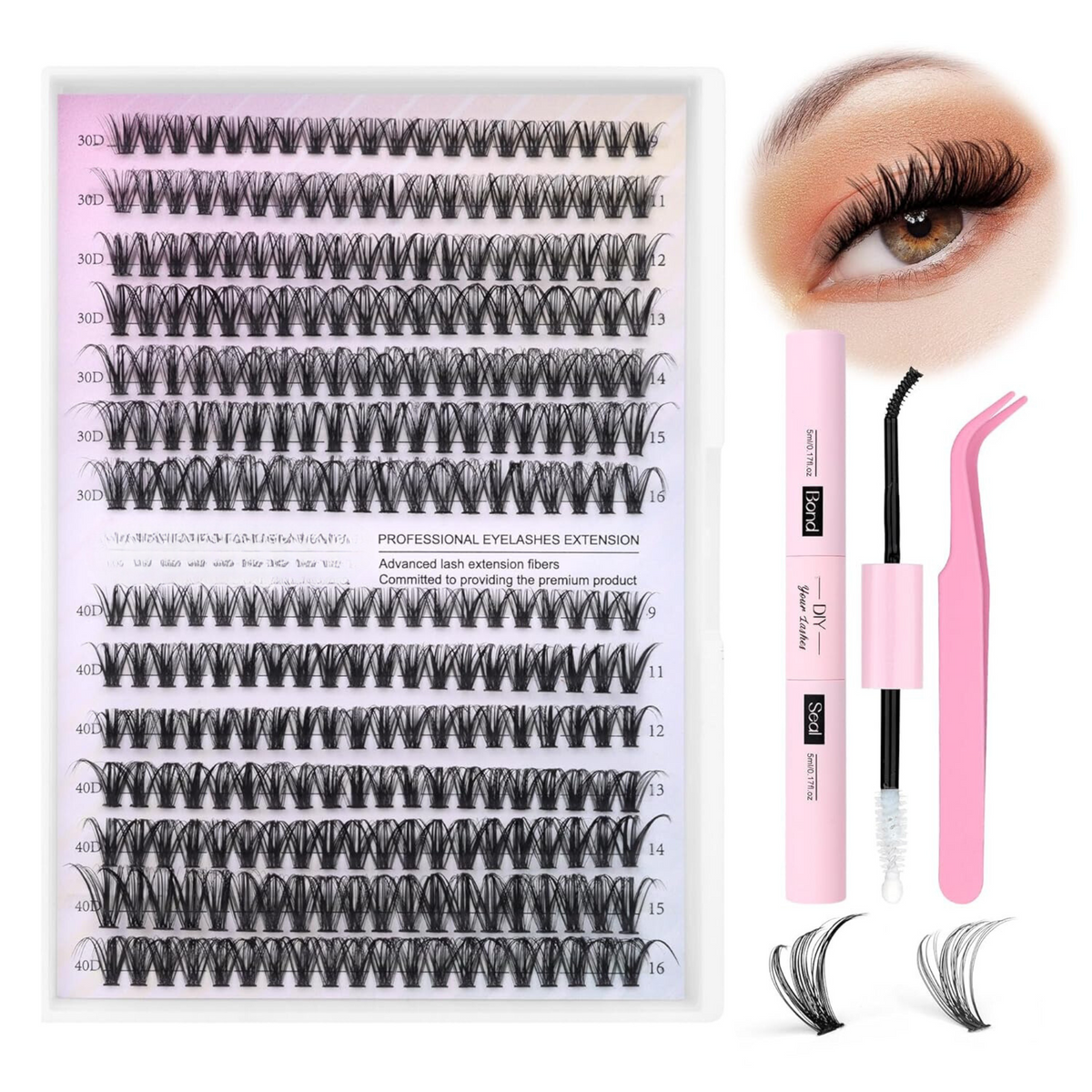 Lash Extension Kit DIY 280pcs Lash Clusters Eyelash Extension Kit, 9-16mm 30D 40D Individual Lashes Kit with Lash Bond and Seal, Lash Tweezers for Self Use (30D&40D, 0.07D, 9-16mm, Kit)