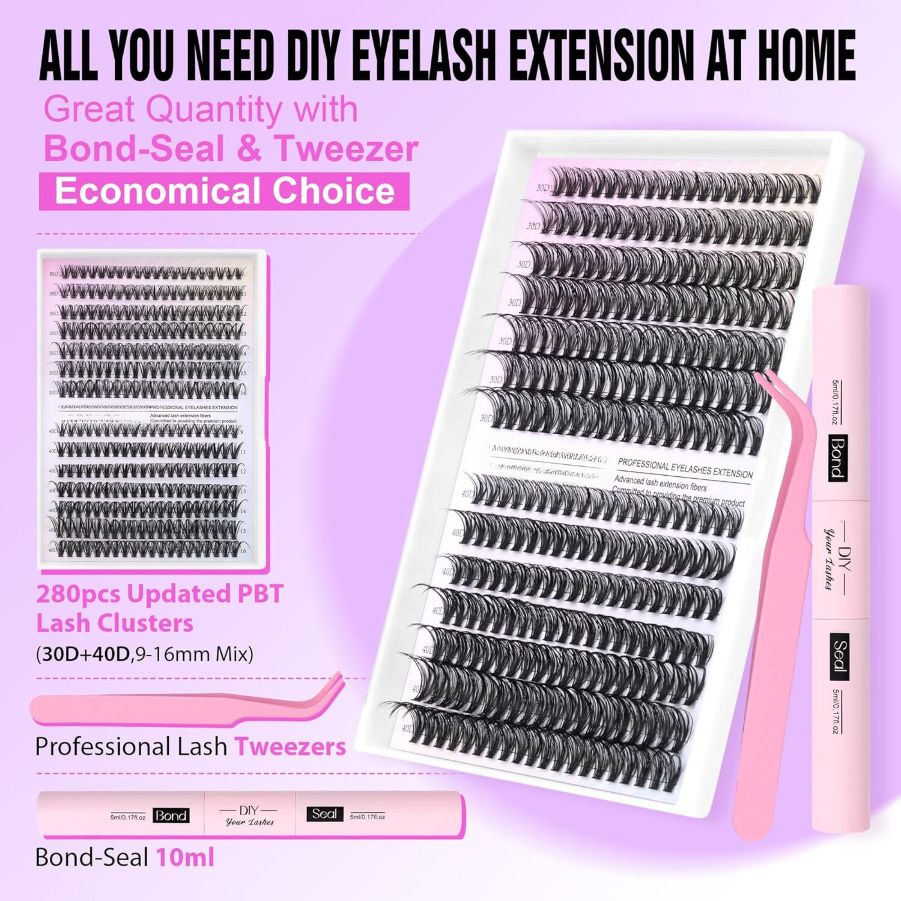 Lash Extension Kit DIY 280pcs Lash Clusters Eyelash Extension Kit, 9-16mm 30D 40D Individual Lashes Kit with Lash Bond and Seal, Lash Tweezers for Self Use (30D&40D, 0.07D, 9-16mm, Kit)