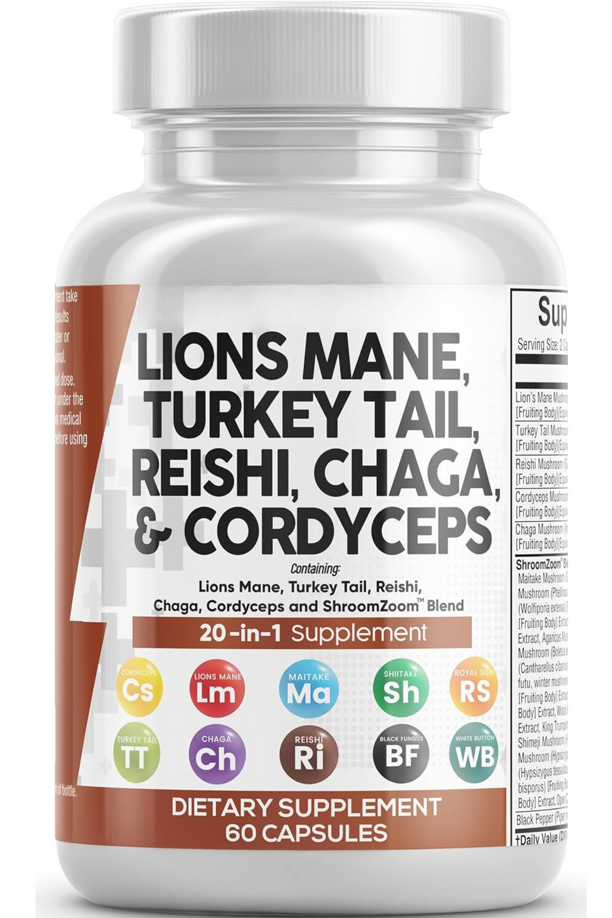 Lions Mane 3000mg 20in1 Mushroom Supplement with Turkey Tail 2000mg Reishi 1000mg Cordyceps Chaga 1000mg Maitake Meshima Poria Cocos Shiitake Oyster Porcini Enoki 60 Count