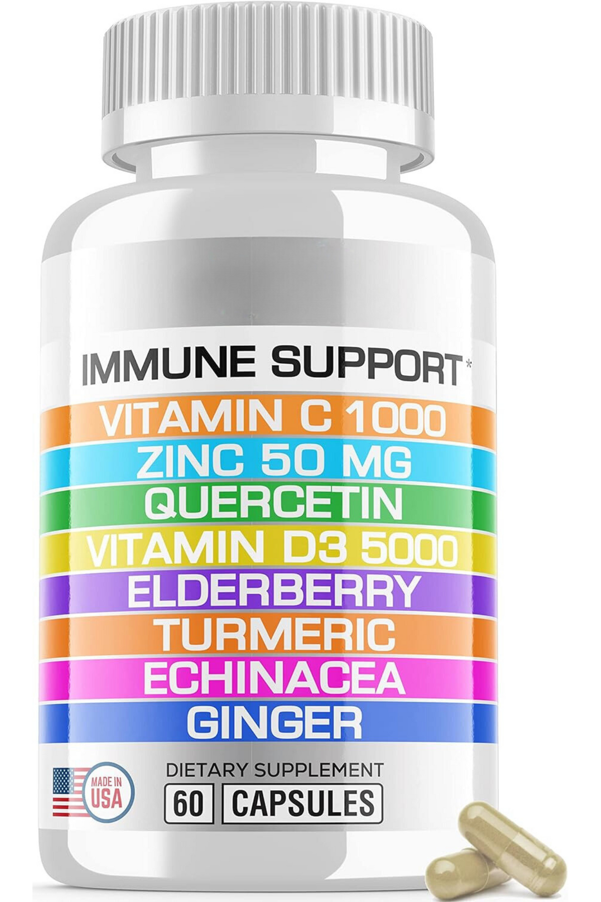 8 in 1 Immune Support with Quercetin Zinc 50mg Vitamin C 1000mg Vitamin D3 5000 IU and Elderberry Echinacea Ginger for Adults Kids - VIT D Immunity Defense Booster Supplement Veg Capsules Made in USA