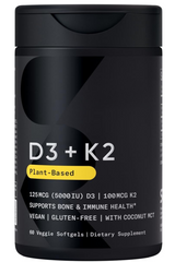 Vitamin D3 K2 with Coconut Oil | Plant Based Vitamin K2 MK7 + Vegan D3 5000iu | Vegan Certified, Soy & Gluten Free - 60 Count Softgels