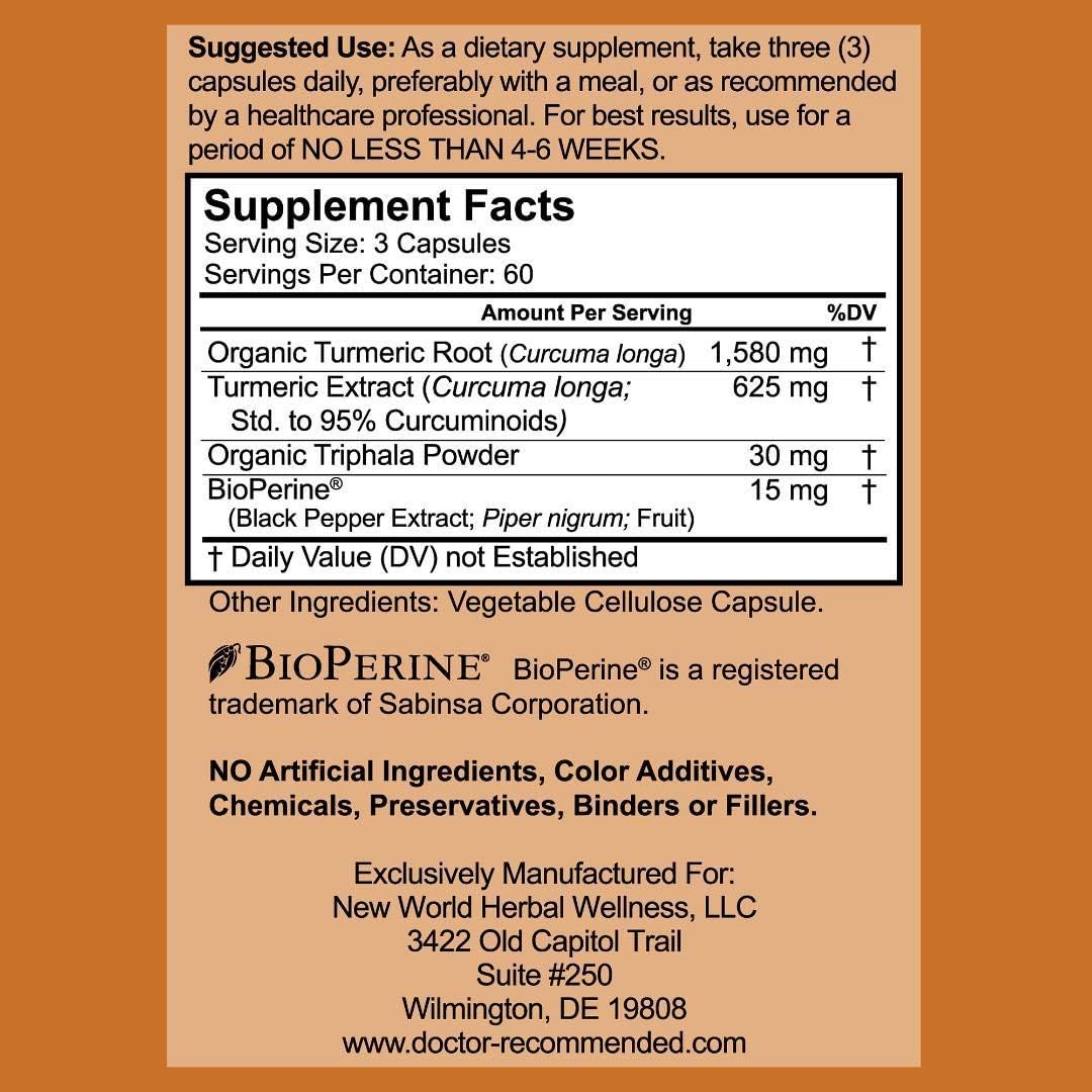 Turmeric Curcumin with Triphala - 2250mg/d - Veggie Caps - 95% Curcuminoids with Black Pepper Extract (Bioperine) - 750mg Capsules - 100% Organic - Most Powerful Turmeric Supplement (180 Count)