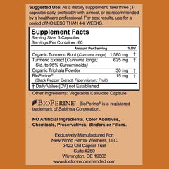 Turmeric Curcumin with Triphala - 2250mg/d - Veggie Caps - 95% Curcuminoids with Black Pepper Extract (Bioperine) - 750mg Capsules - 100% Organic - Most Powerful Turmeric Supplement (180 Count)