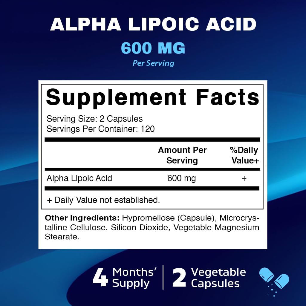 Vitamatic Alpha Lipoic Acid (ALA) 600mg Per Serving - 240 Vegetable Capsules - 120 Servings - Non-GMO & Gluten Free