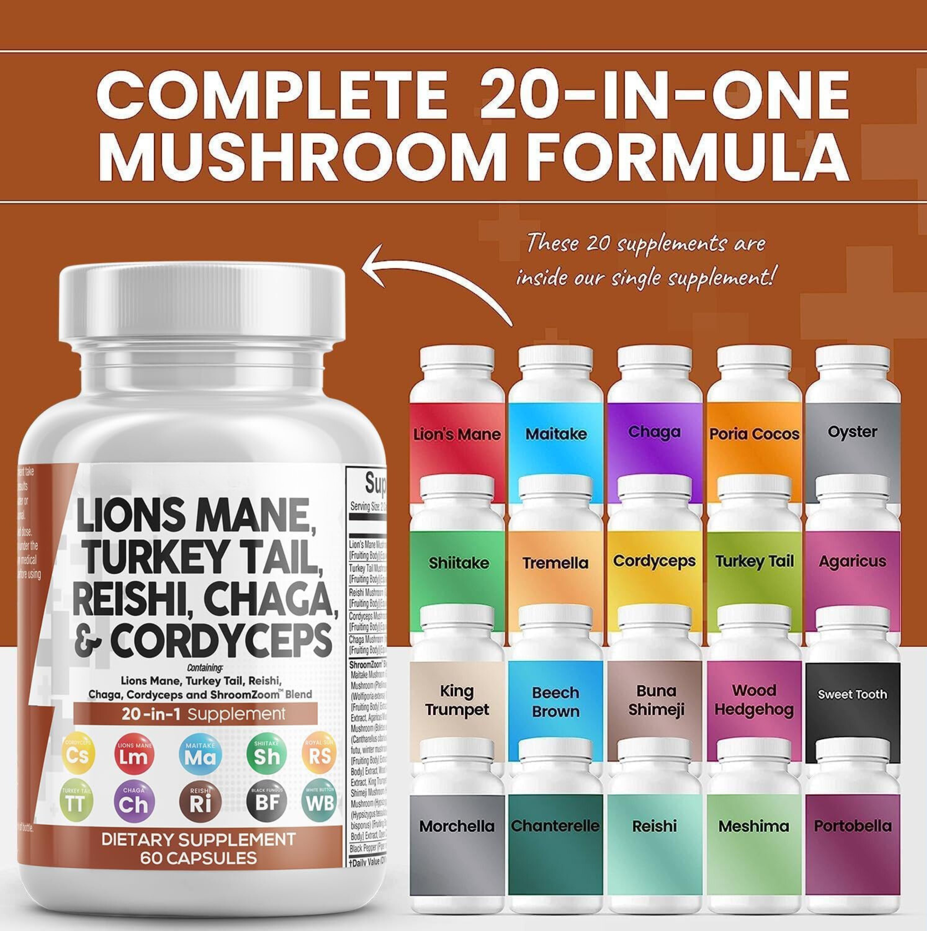 Lions Mane 3000mg 20in1 Mushroom Supplement with Turkey Tail 2000mg Reishi 1000mg Cordyceps Chaga 1000mg Maitake Meshima Poria Cocos Shiitake Oyster Porcini Enoki 60 Count