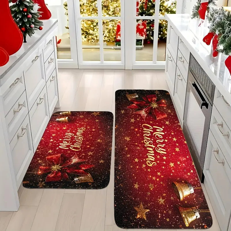 Christmas Kitchen Rugs Sets of 3 Washable Absorbent Kitchen Mats for Floor 2 Piece Kitchen Runner Rug Set Non-Slip Winter Holiday Kitchen Christmas Decoration Red