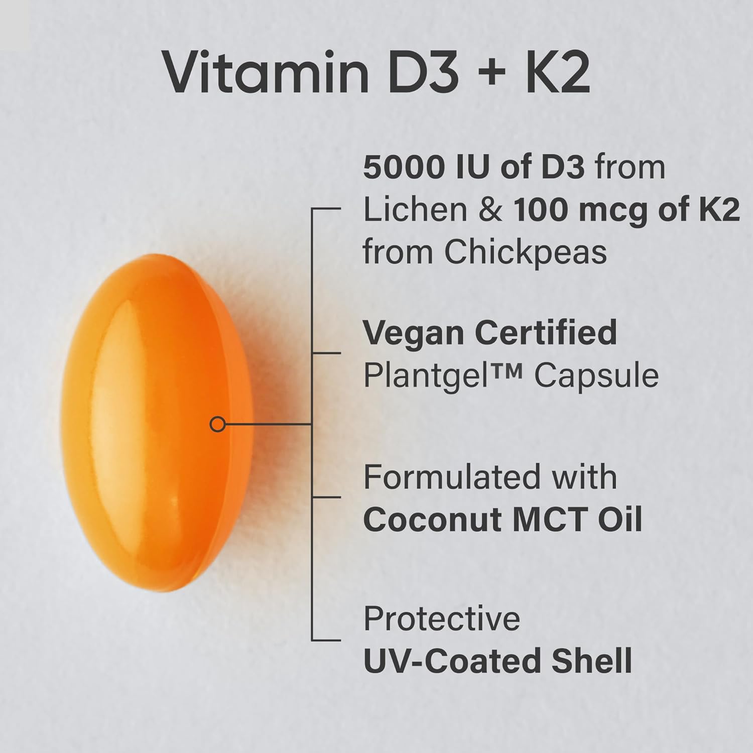 Vitamin D3 K2 with Coconut Oil | Plant Based Vitamin K2 MK7 + Vegan D3 5000iu | Vegan Certified, Soy & Gluten Free - 60 Count Softgels