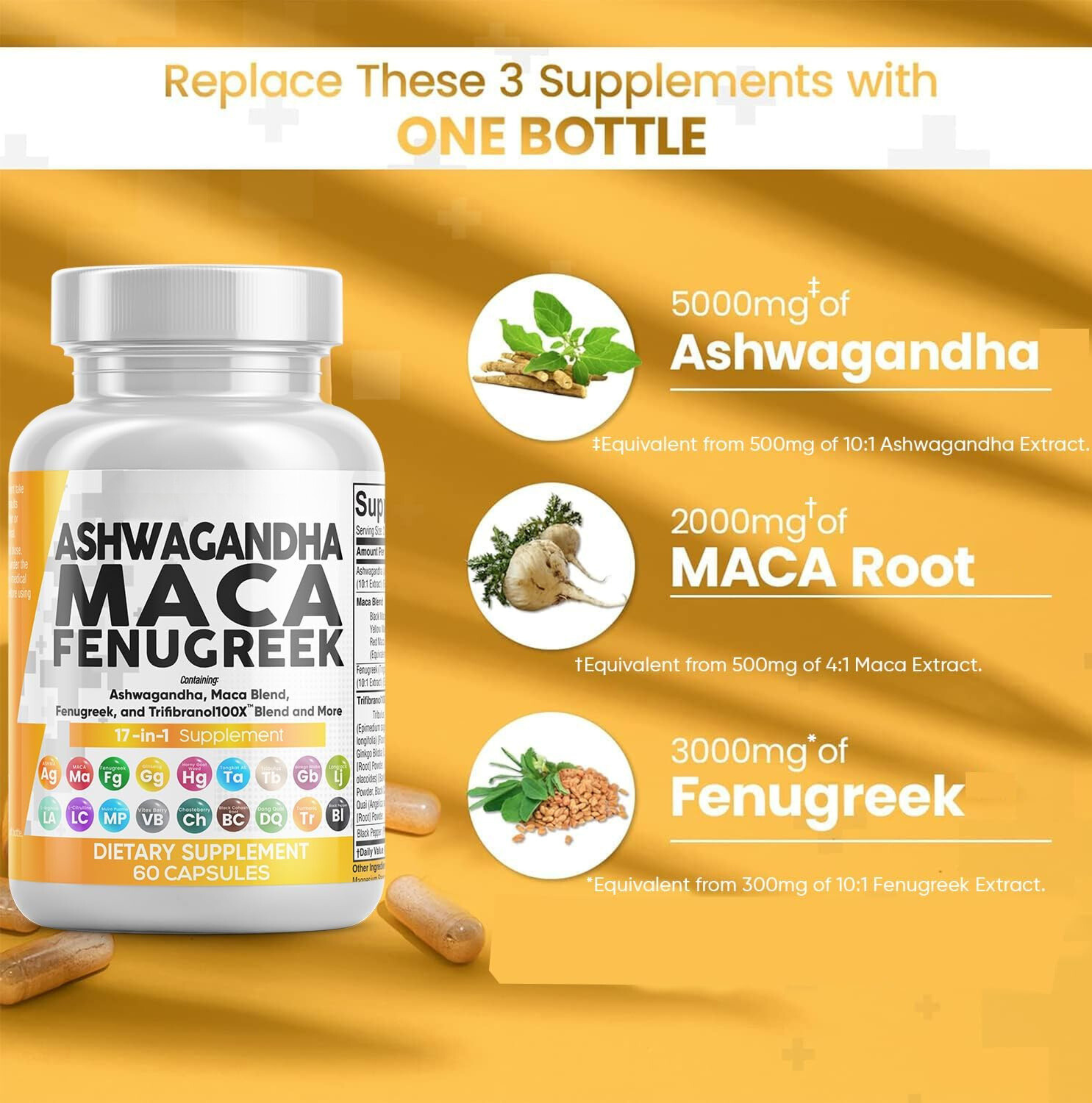 Ashwagandha 5000mg Maca Root 2000mg Fenugreek 3000mg Supplement with Tongkat Ali Ginseng - Assists with Stress, Mood & Thyroid Health - Ashwagandha Capsules Maca Pills Fenugreek Caps - 60 Count