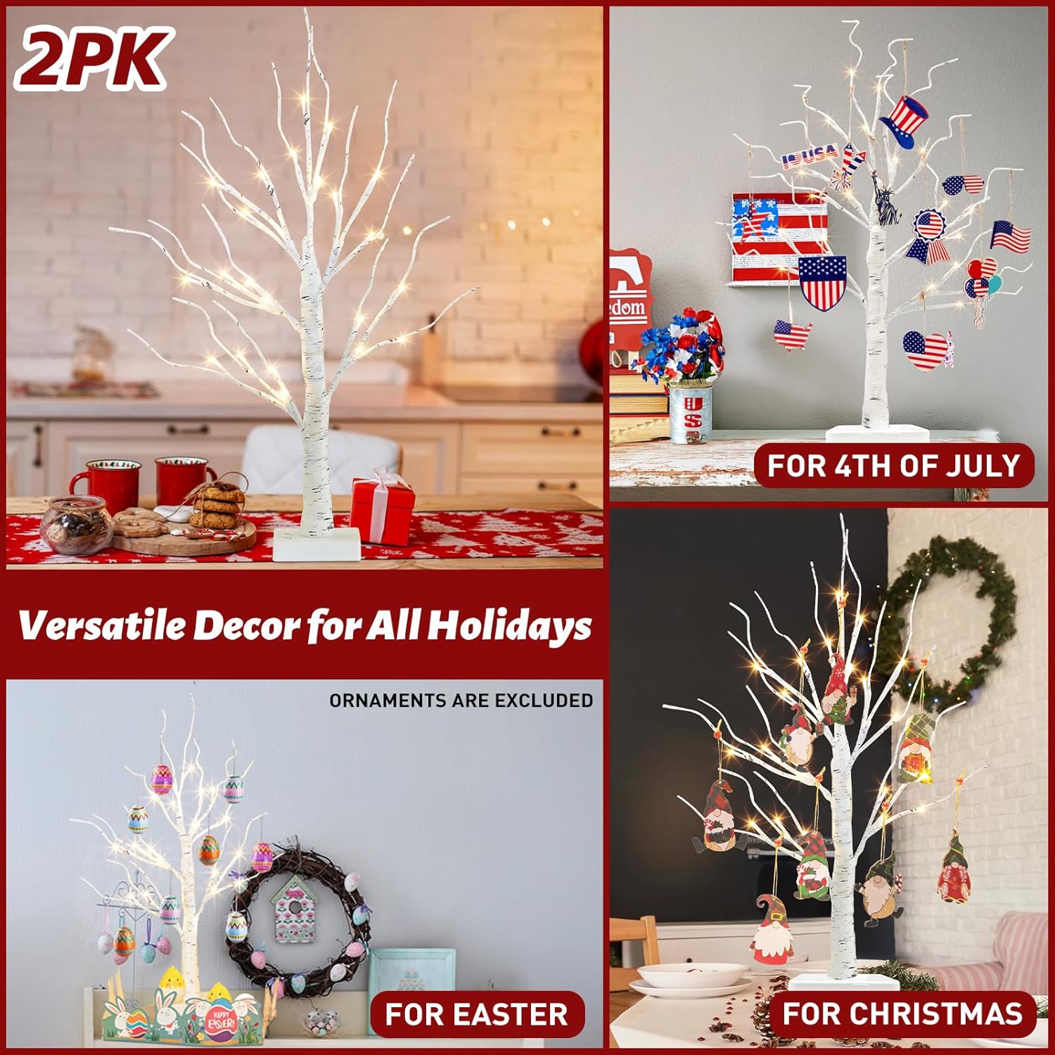 Christmas Decorations Indoor, 2 FT Birch Tree with LED Lights, Fairy Light Spirit Tree for Christmas Decor, Warm White Lighted Birch Tree for Home Decor Indoor, Battery Powered, Timer (2PK)
