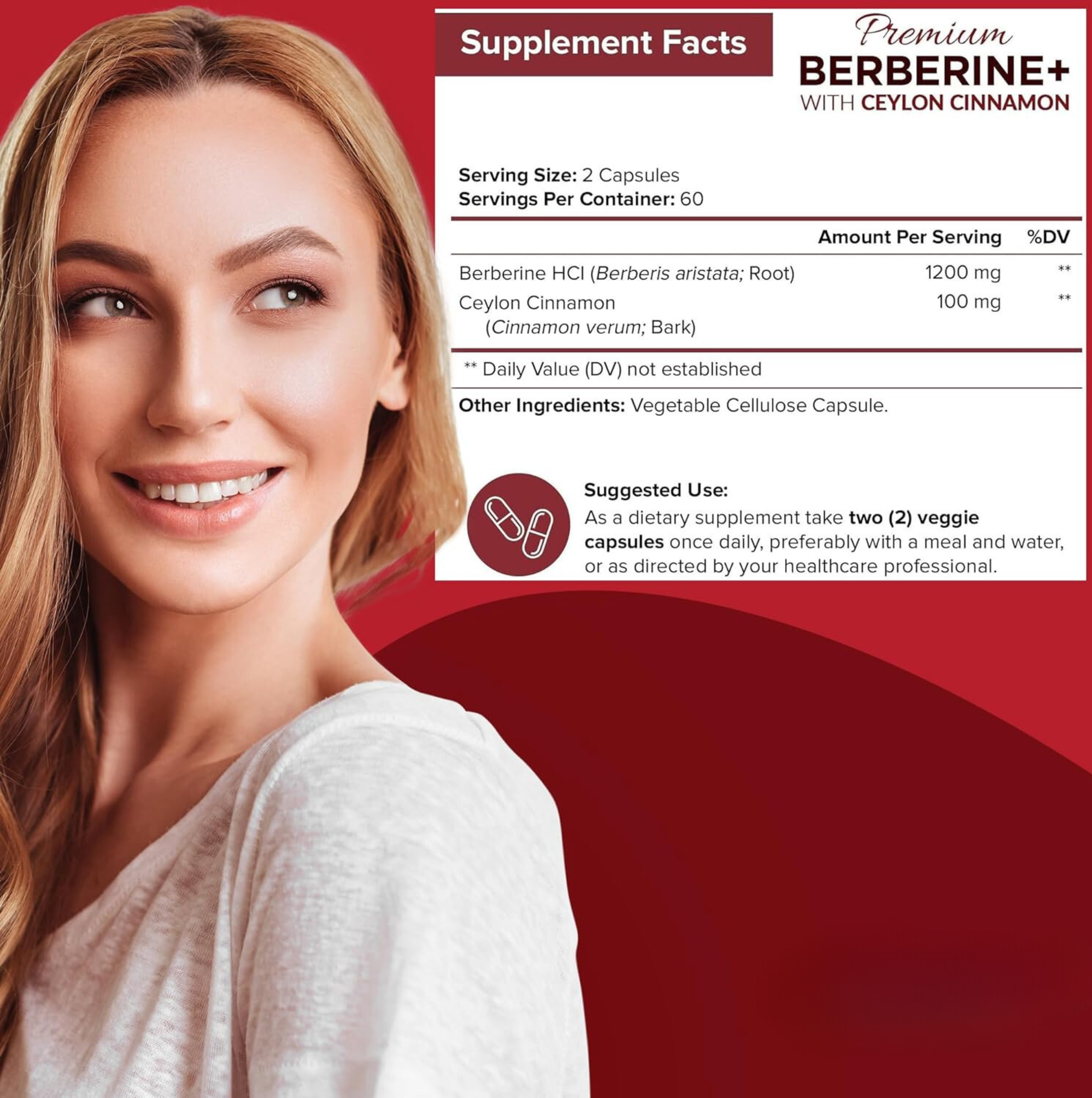 Premium Berberine HCL 1200mg, 120 Capsules - Plus Pure True Ceylon Cinnamon, Berberine HCI Root Supplements Pills - Immune System, Healthy Weight Management