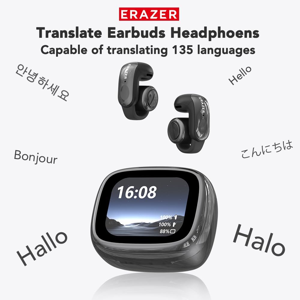 XF28 AI Translation Earbuds Real Time Translator Earbuds LCD Touch Screen Open Ear Clip Wireless Bluetooth Translating Headphones Included for 135 Languages Translation Device with APP