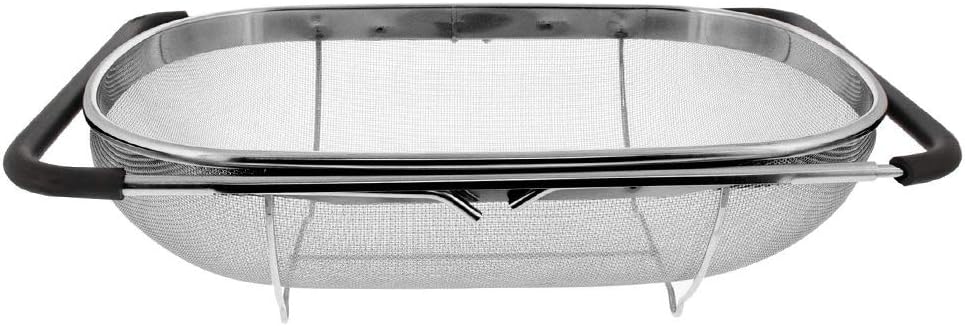 Over the Sink Colander Strainer Basket Stainless Steel, For Kitchen Sink with Rubber Grip, Fine Mesh, Large Kitchen Gadgets Tools, Expandable Home Kitchen Essentials