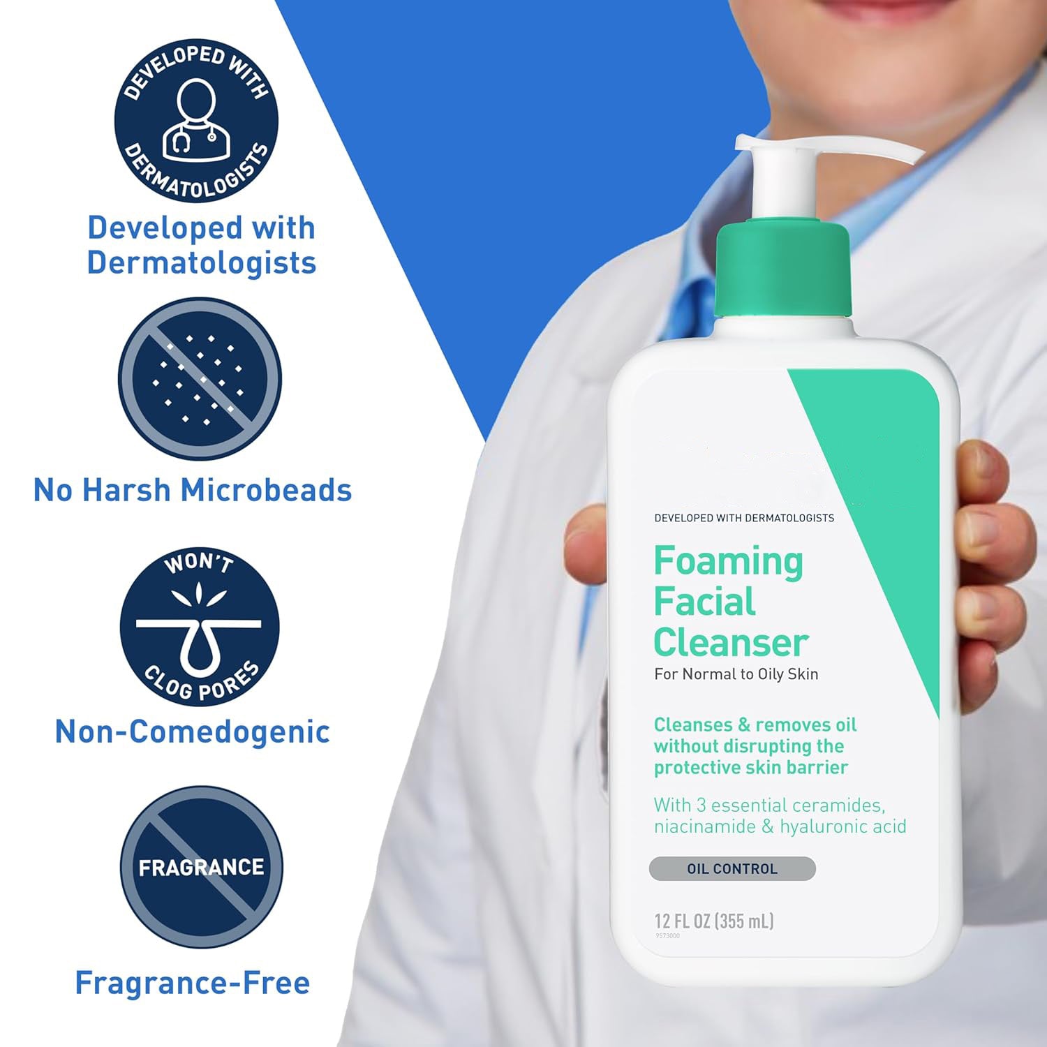 Foaming Facial Cleanser | Daily Face Wash for Oily Skin with Hyaluronic Acid, Ceramides, and Niacinamide| Fragrance Free | 16 Fluid Ounce