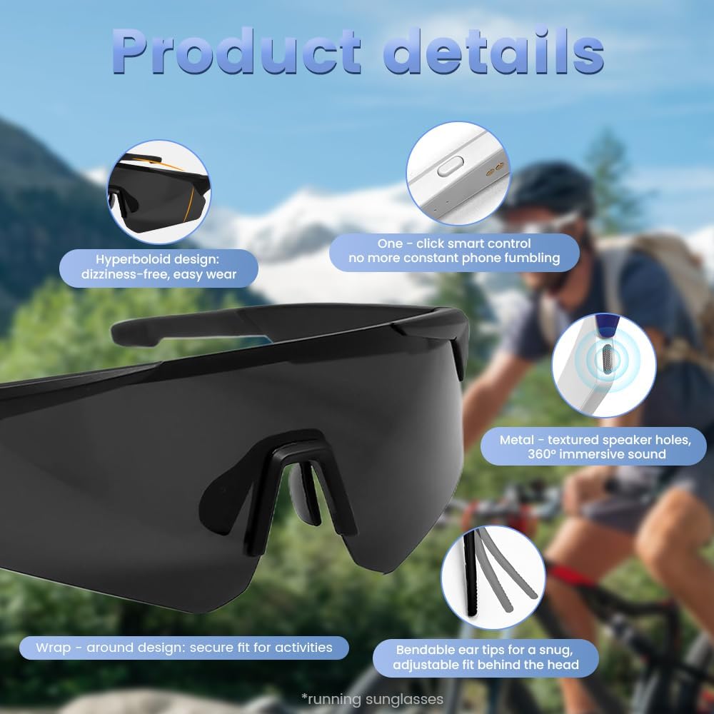 Polarized Bluetooth Sunglasses for Men,Sport Smart Glasses for Women with Open Ear Music Speakers,Built-in Mic,UV Protection Running Baseball Sunglasses, Cycling Glasses(Black)