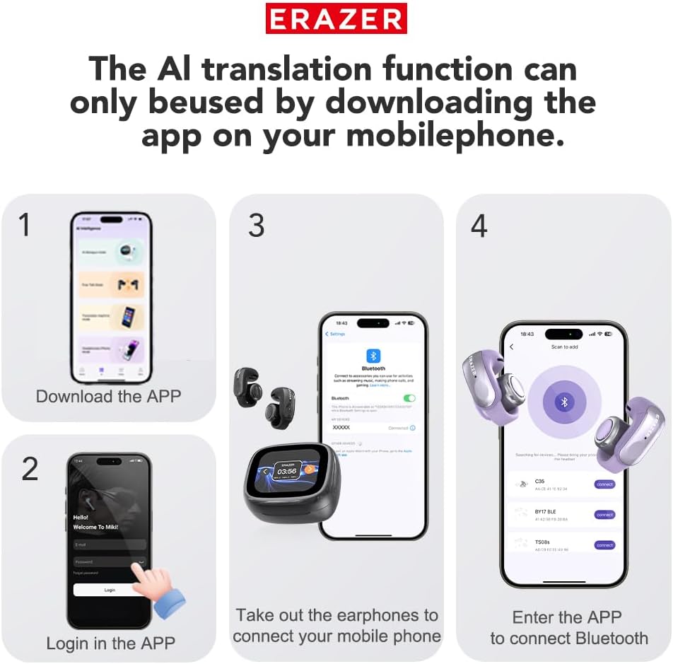 XF28 AI Translation Earbuds Real Time Translator Earbuds LCD Touch Screen Open Ear Clip Wireless Bluetooth Translating Headphones Included for 135 Languages Translation Device with APP