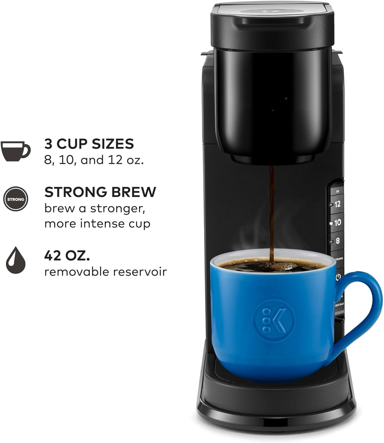 K-Express Single Serve K-Cup Pod Coffee Maker, 3 Brew Sizes, Strong Button Feature, 42oz Removable Reservoir, Black