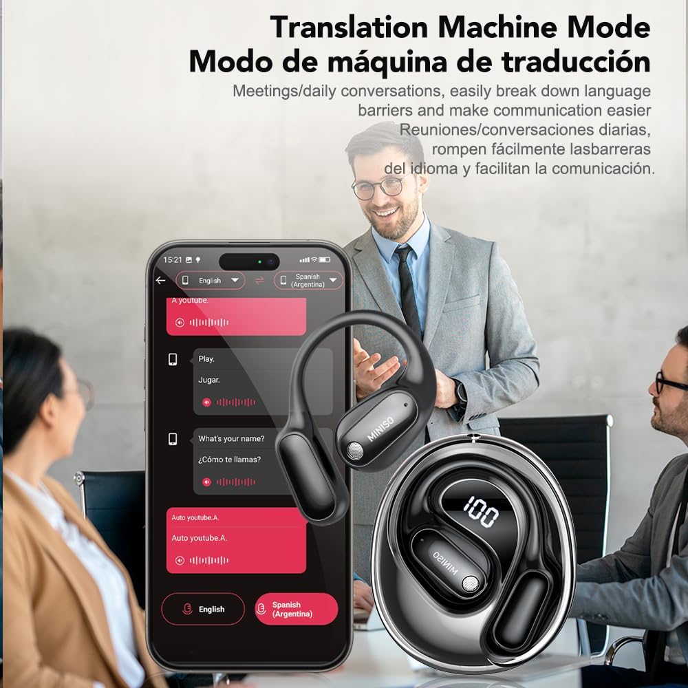 MS190 AI Translation Earbuds Real Time, 3-in-1 Translator Earbuds，135 Language Translating Headphones with APP, Translation Device Audifonos Traductores Inglés Espanol Fit iOS and Android