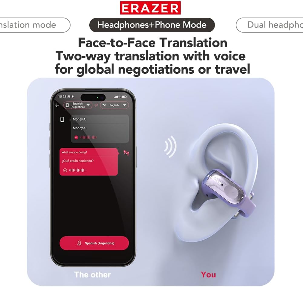XF28 AI Translation Earbuds Real Time Translator Earbuds LCD Touch Screen Open Ear Clip Wireless Bluetooth Translating Headphones Included for 135 Languages Translation Device with APP