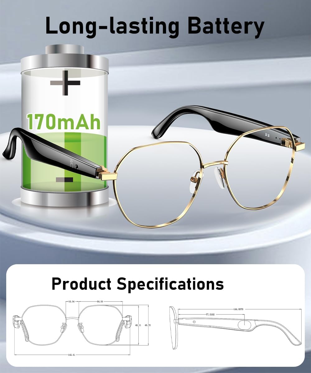 Bluetooth Glasses, Blue Light Glasses for Women Men, Smart Glasses with 163 Language Translations, AI Glasses with Audio, Clear Glasses Bluetooth 6.0, Voice Assistant