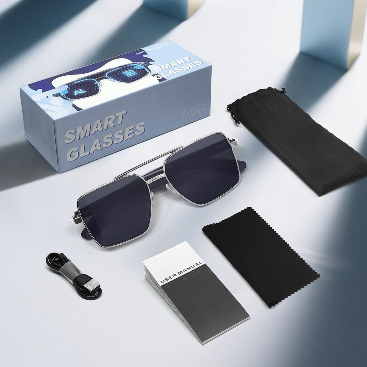 Pilot Smart Glasses,Bluetooth Sunglasses for Women/Men with Audio, Polarized Sunglasses,Dual Mic & Speakers, UV Protection, Music/Calling/Voice Assistant/Remote Photography，Silver Frame Gray Lens