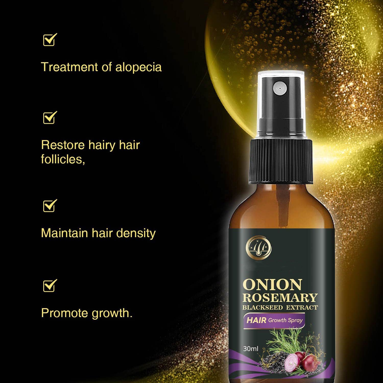 Hair Growth Spray, Organic Onion Oil with Rosemary Scent, Enriched with Black Seed Oil, Controls Hair Loss, Promotes Growth, for Women and Men