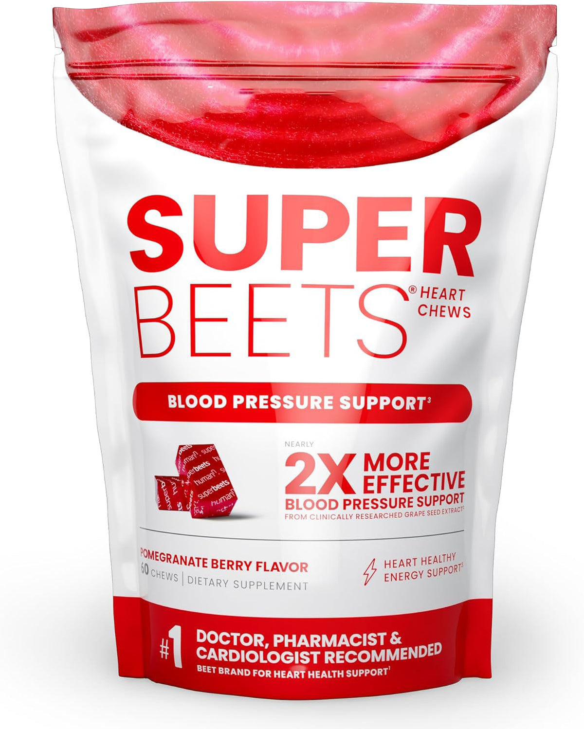 SuperBeets Heart Chews - Nitric Oxide Production and Blood Pressure Support - Grape Seed Extract & Non-GMO Beet Energy Chews - Pomegranate Berry Flavor - 60 Count