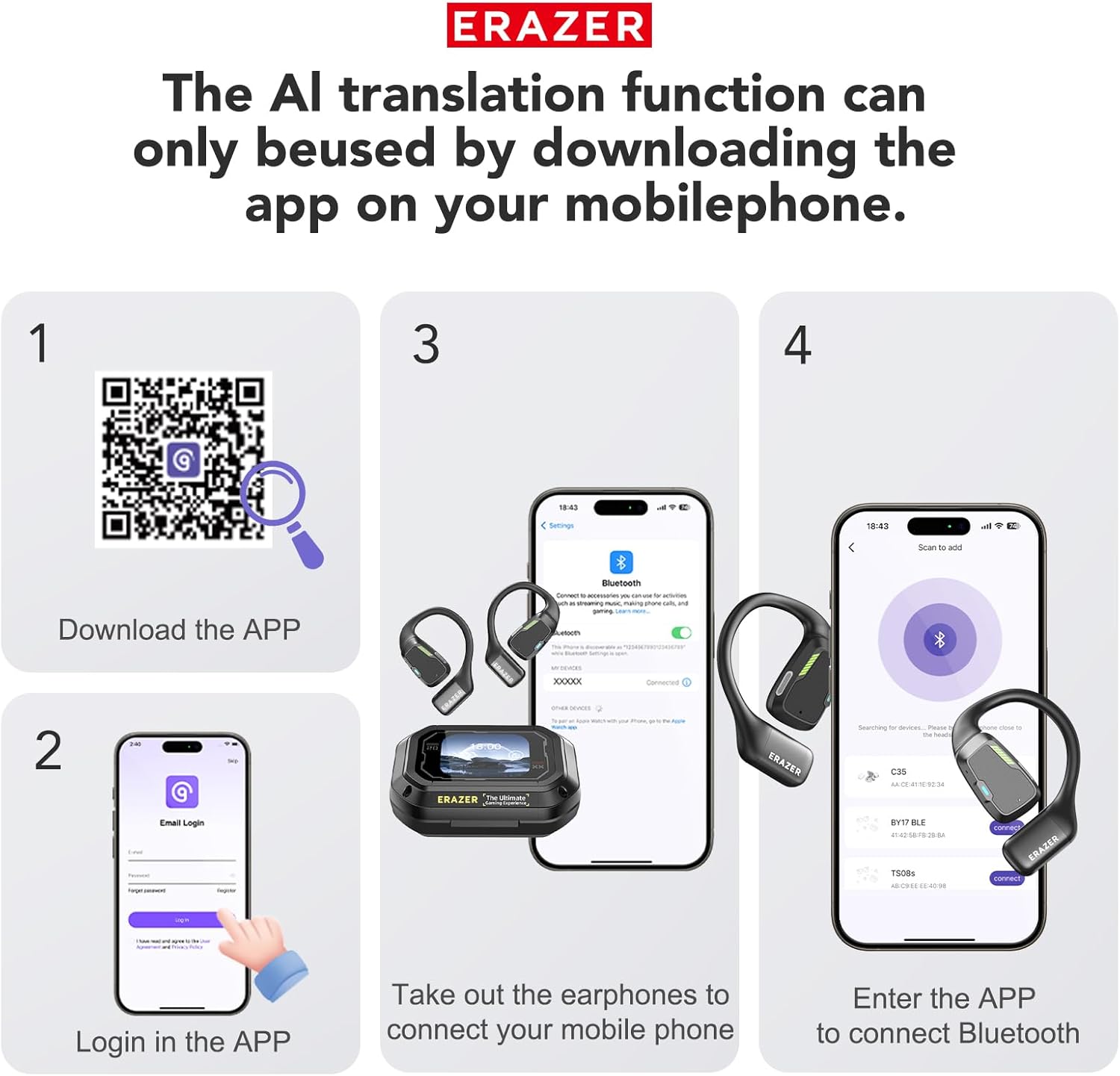 ERAZER XP6 Translation Earbuds Real Time AI Language Translator Earbuds Over The Ear Earbuds Touch Screen for 135 Languages Two-Way Translation Device fit iOS & Android for Travel Business Learning
