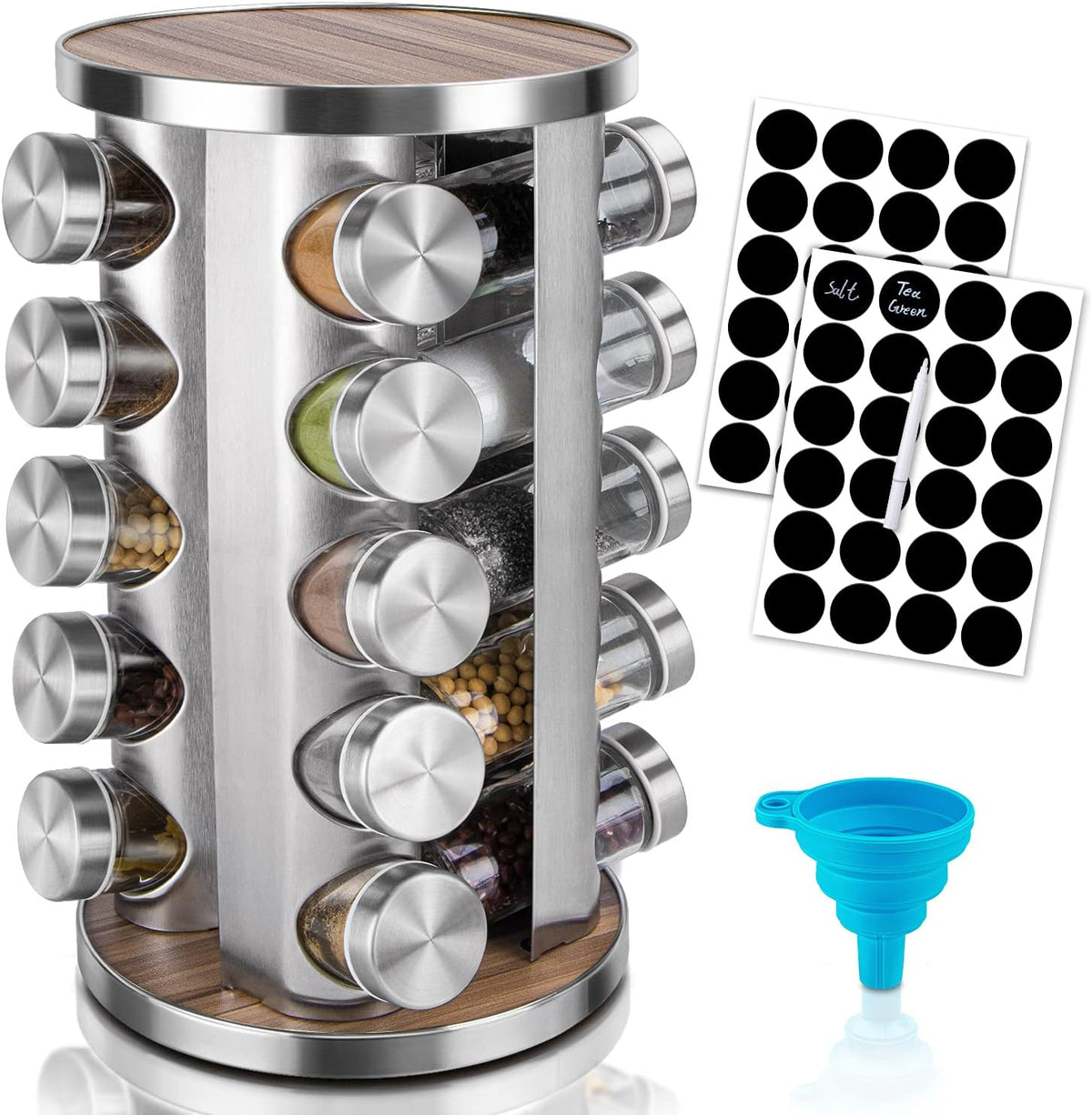 Rotating Spice Rack Organizer, 20 Jars Revolving Seasoning Organizer for Cabinet, Stainless Steel Spice Tower for Kitchen Countertop with Reuseable Labels and Funnel