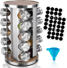 Rotating Spice Rack Organizer, 20 Jars Revolving Seasoning Organizer for Cabinet, Stainless Steel Spice Tower for Kitchen Countertop with Reuseable Labels and Funnel