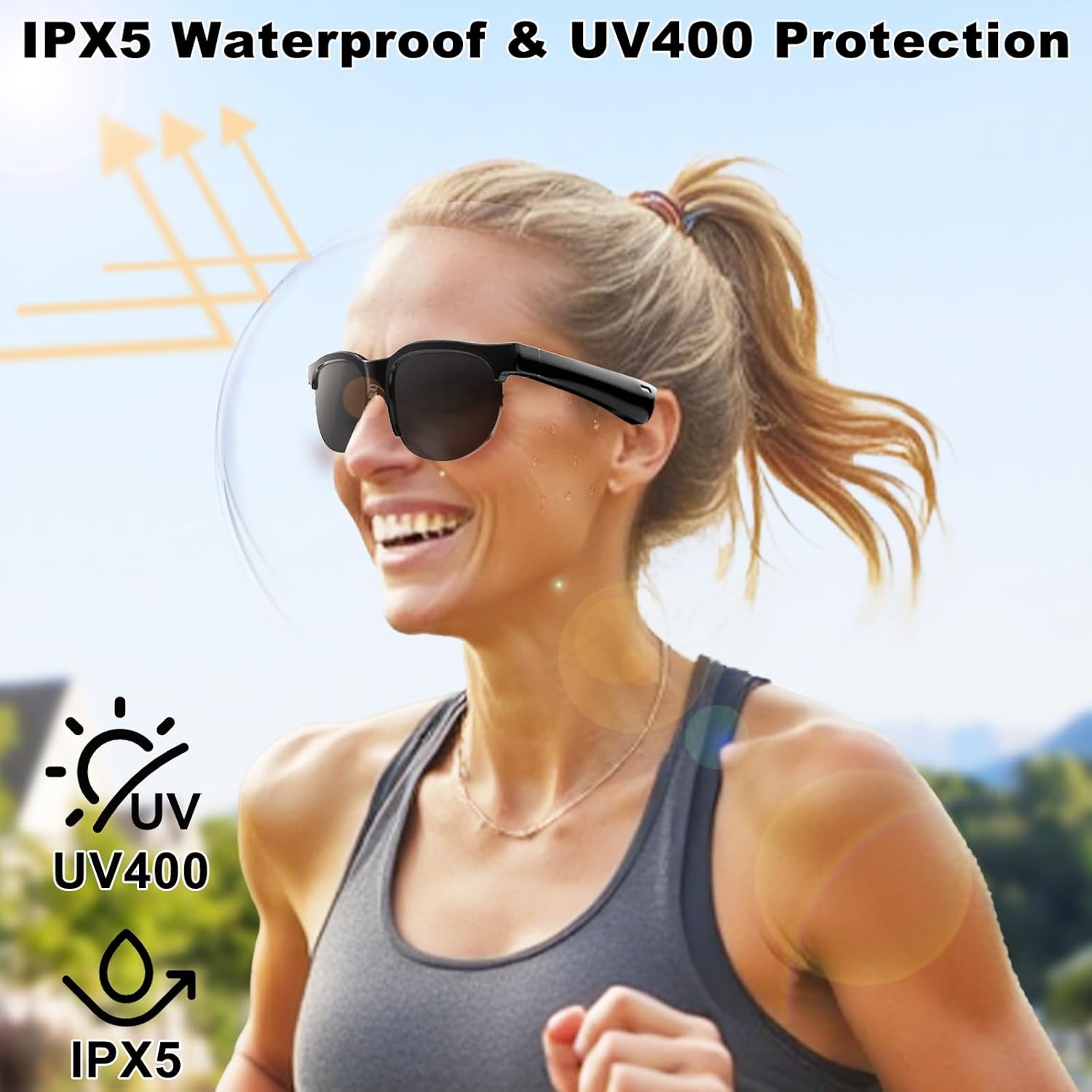 Smart Glasses with AI Translator, Bluetooth Glasses with 150 Translation, Lightweight Sunglasses for Men & Woman, UV Protection, 120H Long Standby, IPX5 Waterproof (Black)