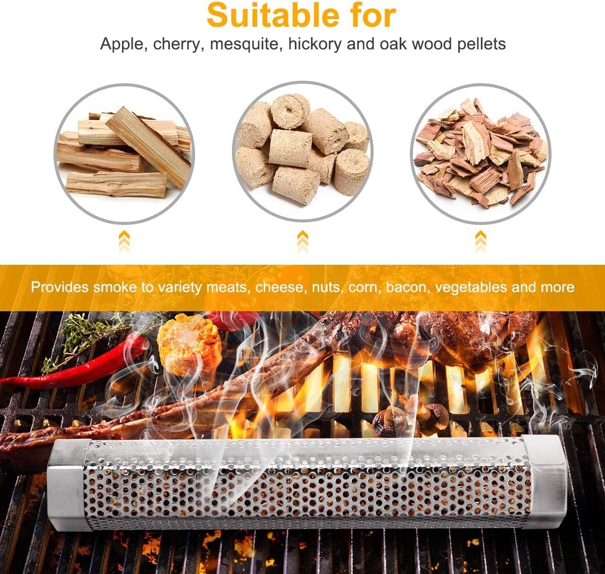 Pellet Smoker Tube, 12'' Smoker Tube with Brush, Premium Stainless Steel BBQ Wood Pellet Tube Smoker, 5 Hours of Billowing Smoke Tube Smoker for All Grill, Smoker, Cold/Hot Smoking