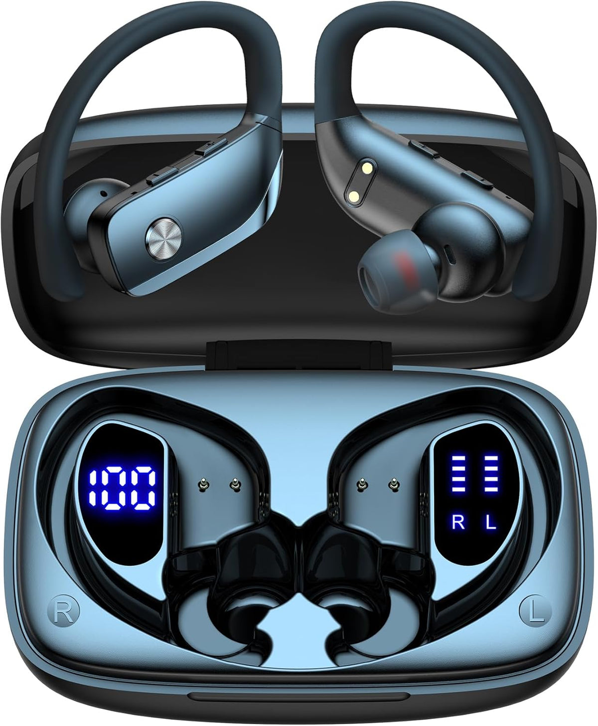Wireless Earbuds Bluetooth Headphones 48hrs Play Back Sport Earphones with LED Display Over-Ear Buds with Earhooks Built-in Mic Headset for Workout Black