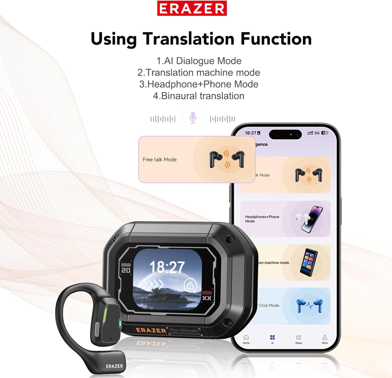 ERAZER XP6 Translation Earbuds Real Time AI Language Translator Earbuds Over The Ear Earbuds Touch Screen for 135 Languages Two-Way Translation Device fit iOS & Android for Travel Business Learning