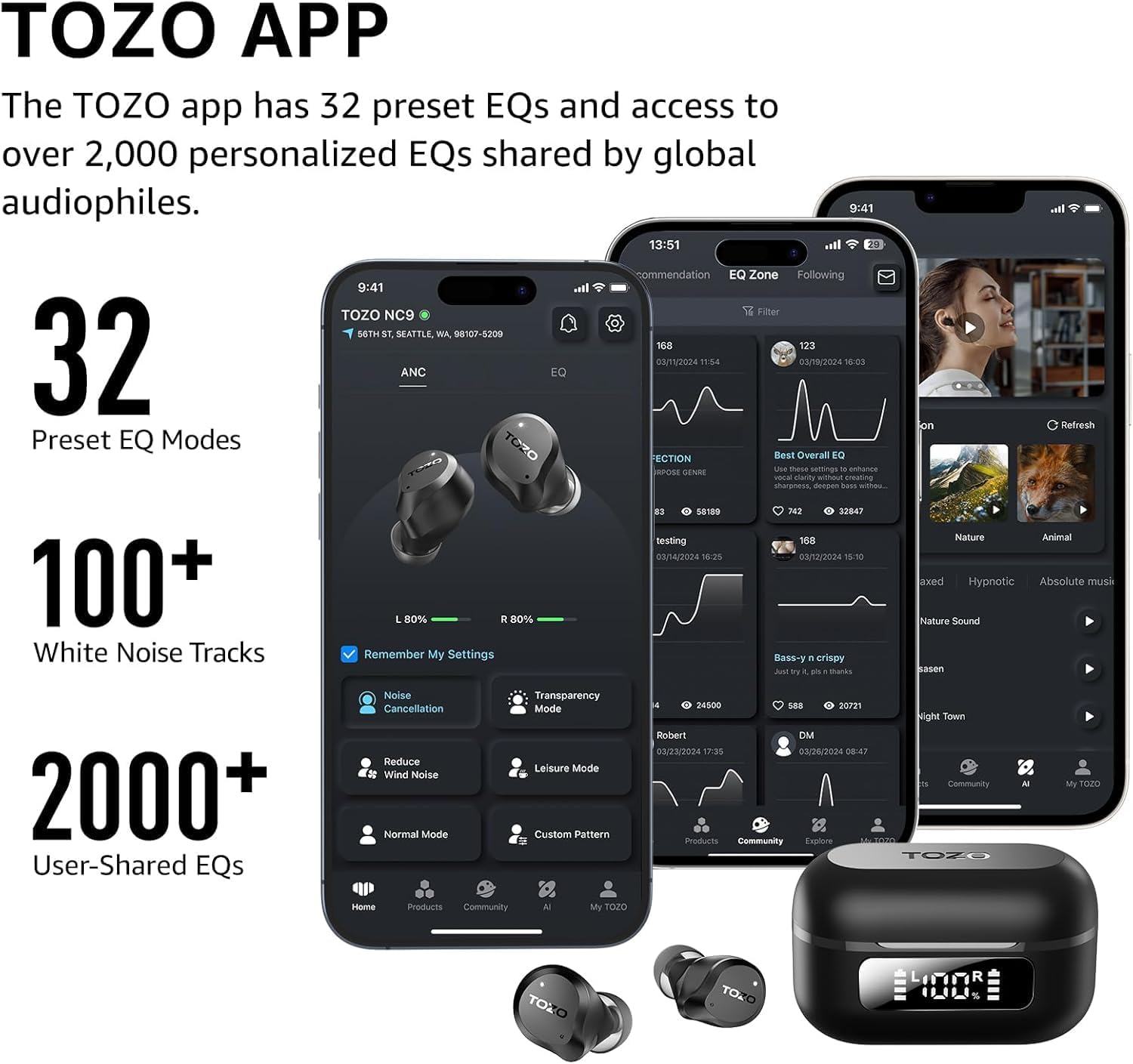 Hybrid Active Noise Cancelling Wireless Earbuds, 6 Mics ENC Clear Call, IPX8 Waterproof, in Ear Bluetooth 5.3 Headphones Stereo Bass Ear Buds 59H Playtime with LED Display 32 EQs via APP