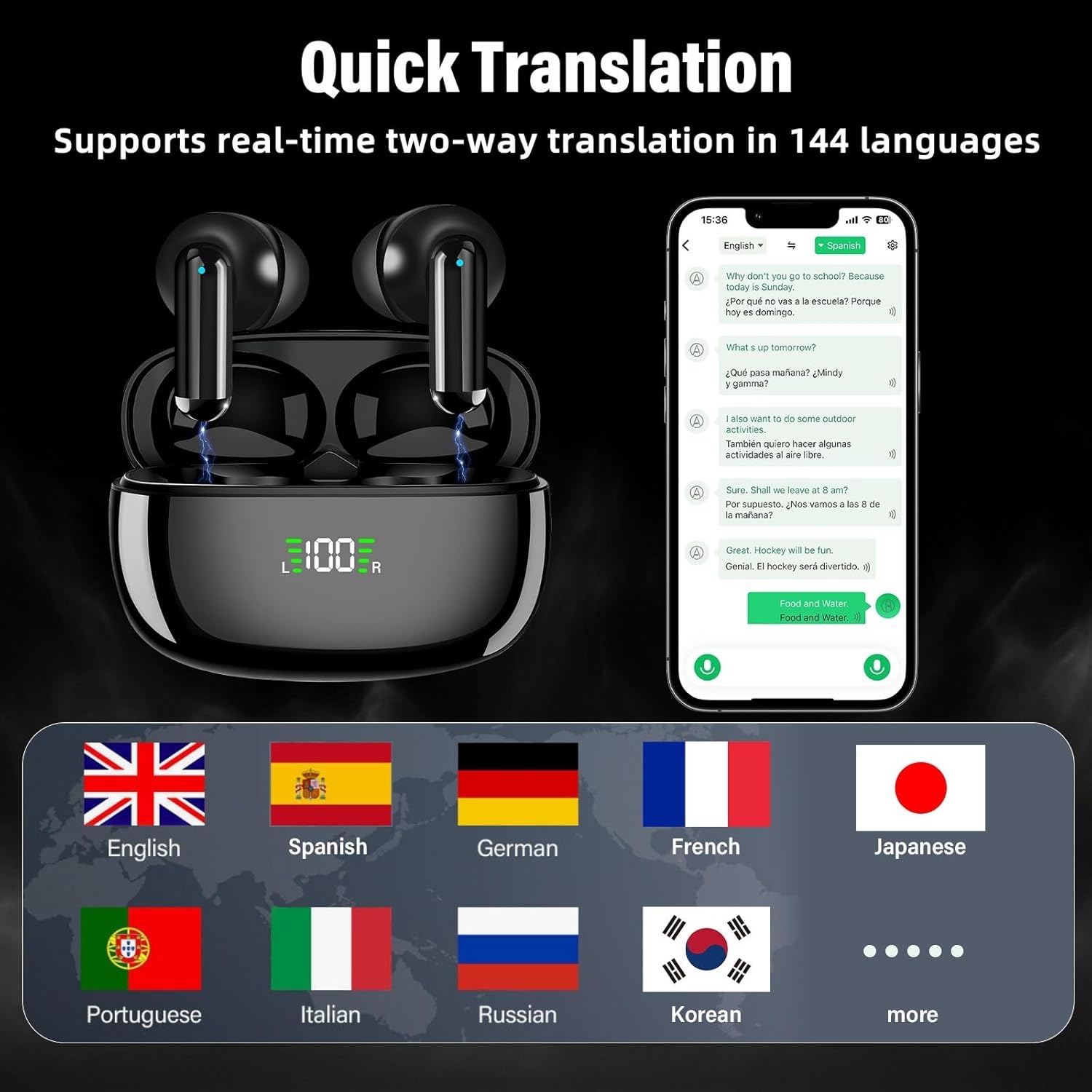 Translation Earbuds Real time, AI Translation Earbuds, Including 144 Language Accent Translation, for iOS and Android, Perfect for Travel and Business Study(Black)
